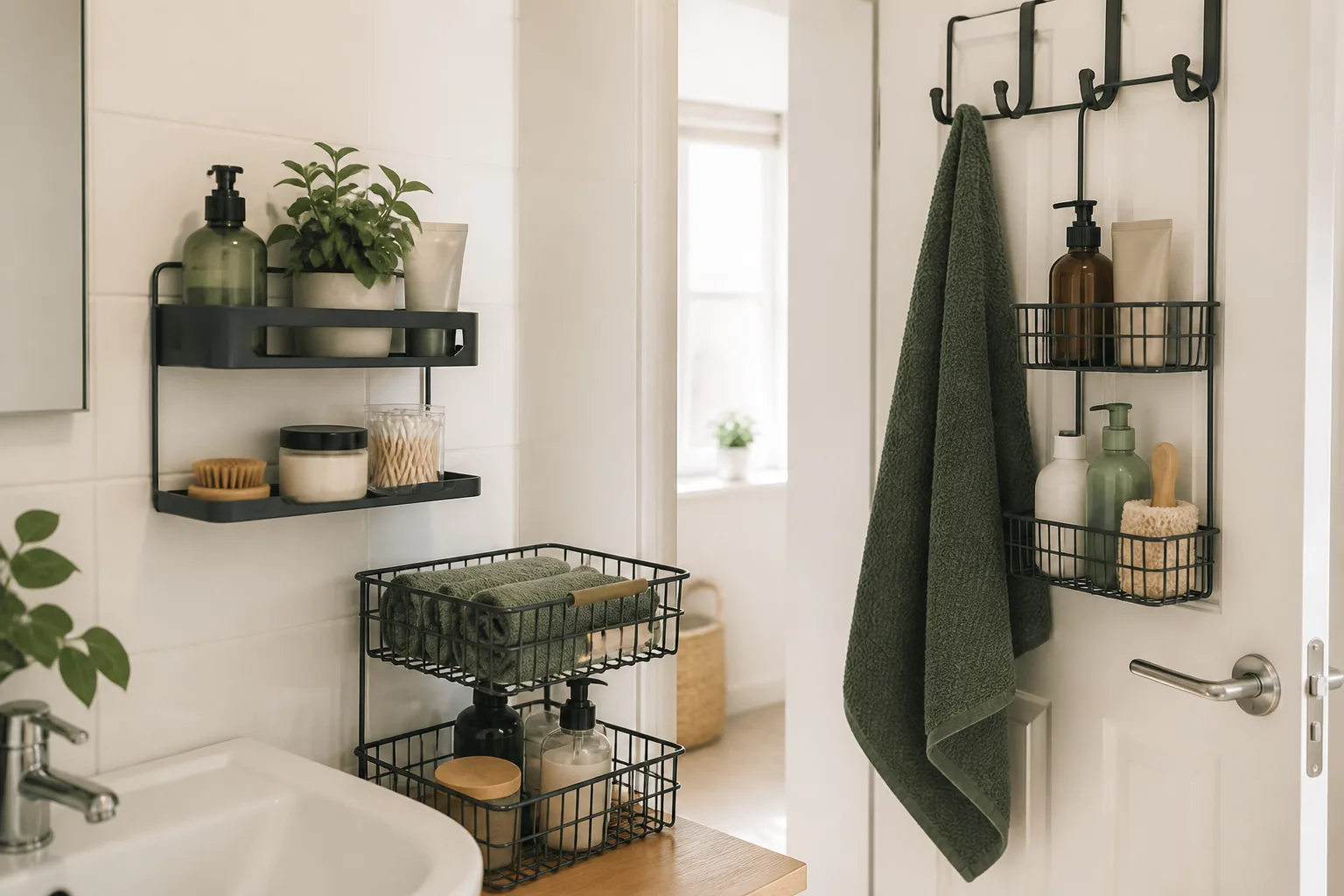 A rented bathroom with no-drill shelves and over-door storage.