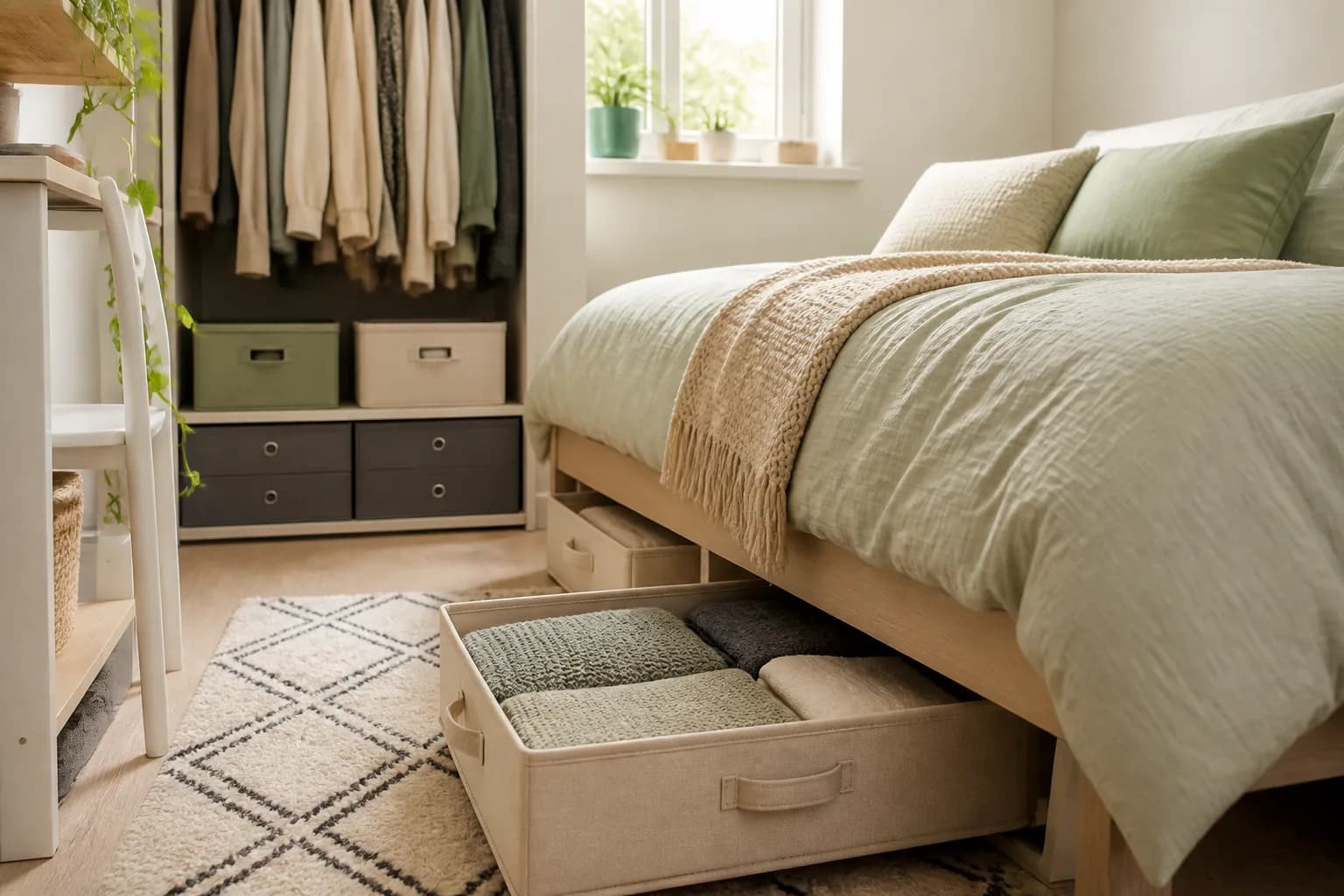A compact bedroom with under-bed storage and wardrobe organisers.