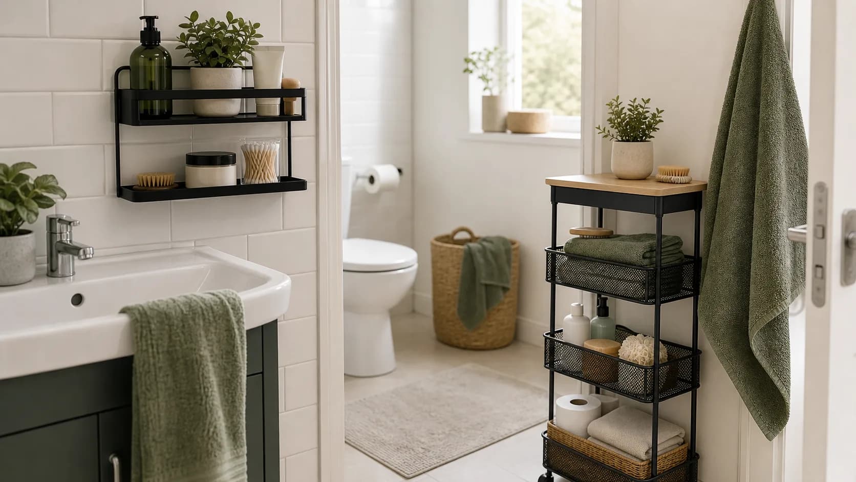 A small bathroom with no-drill shelf storage.