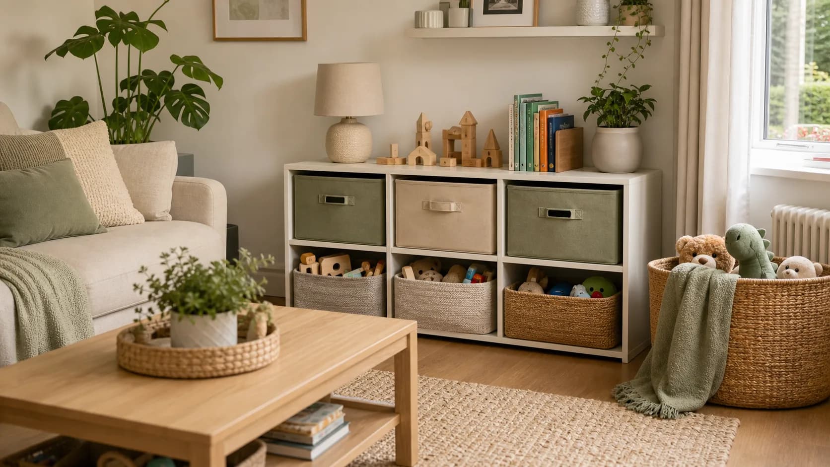 A small living room with fabric cube toy storage.