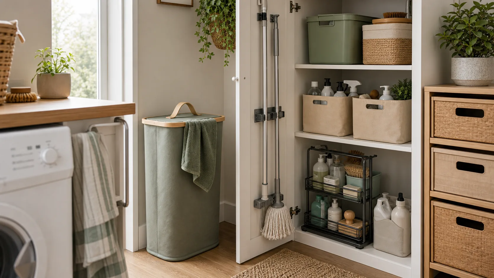 A compact utility area with a slim laundry basket.
