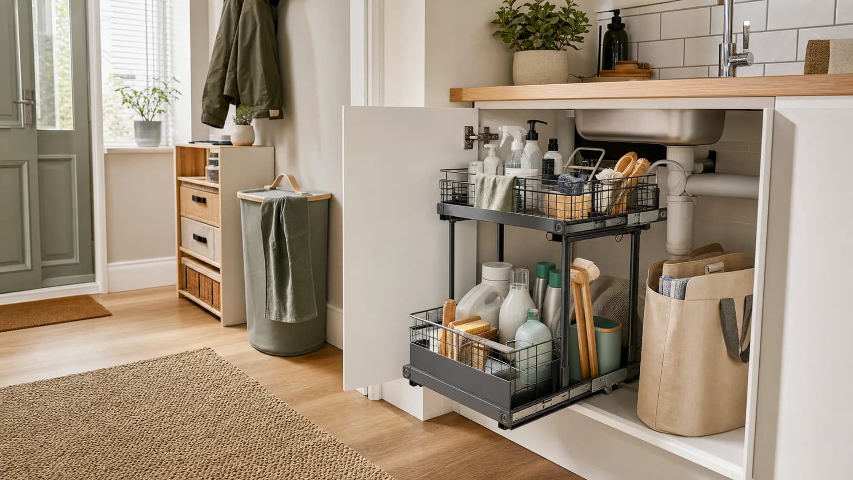A tidy small home storage area with an organised under-sink cupboard and compact laundry storage.
